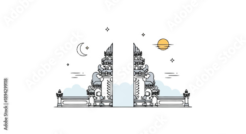 Balinese temple gate with moon stars and sun