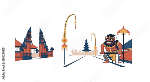 Balinese temple guardian statue with traditional architecture and decorations