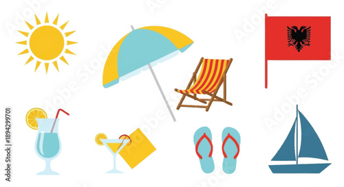Beach with sun umbrella chair drinks flip flops sailboat flag summer