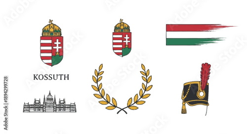 Hungarian coat of arms flag Kossuth symbols Hungary flag laurel wreath military hat