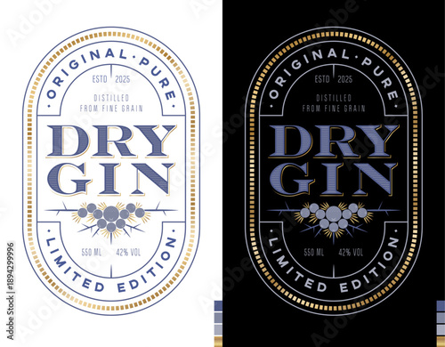 Limited edition Dry Gin labels. Juniper berries with leaves and thorns. Classic lettering on a decorative background.