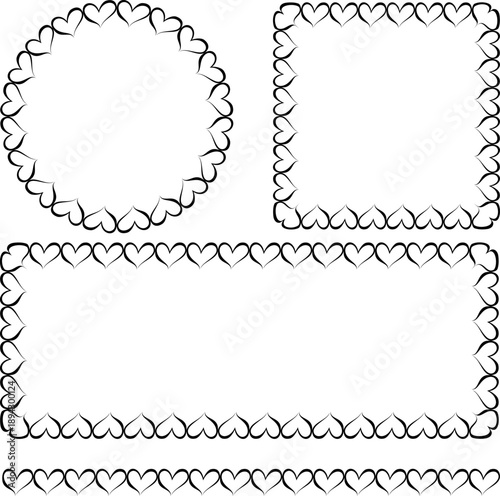Set of hand drawn heart frames and borders. Vector sketch love wreaths for Valentine's day and wedding invitation.