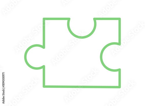 Simple flat jigsaw puzzle piece with green silhouette. Outline of a single puzzle board tile for fun games. Ideal toy element for table games, boardgame concepts, or recreation visuals.