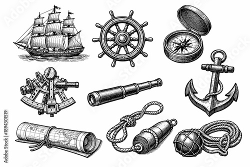 Vintage nautical tools and ship with compass, anchor, and helm
