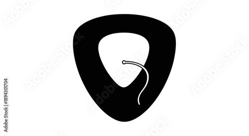 Black Guitar Pick Icon with String, Plectrum Symbol for Music on Isolated White Background