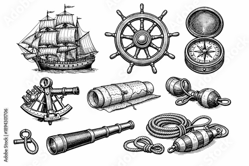 Nautical adventures: vintage ship, compass, telescope, and maritime tools