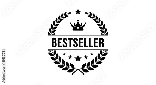 Premium Bestseller Badge with Crown and Laurel Wreath on Isolated White Background