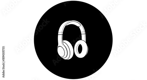 Modern Headphones Icon on Solid Black Circle Background, Isolated White Background