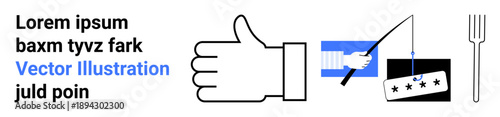 Feedback, user ratings, online interaction, consumer choices, business reviews, branding. A hand gesture, rating board with stars and a fork icon. Feedback and user ratings concept