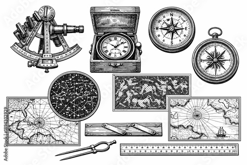 Vintage nautical instruments collection featuring sextant, compasses, and maps