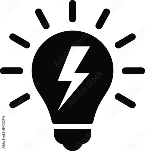 A black light bulb with a lightning bolt inside and rays emanating from it symbolizing a bright idea or inspiration