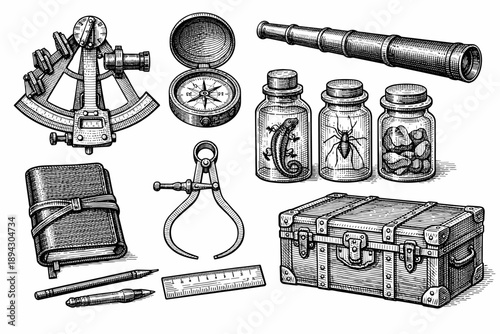 Vintage navigation and exploration tools with sextant, compass, telescope, and specimen jars