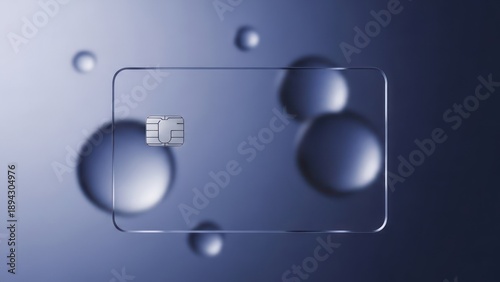 Transparent card with embedded chip floats amidst spheres against a graduated blue backdrop