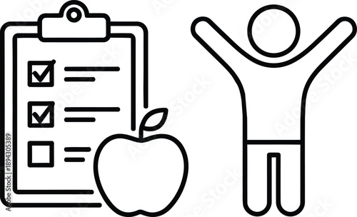 A person celebrating with a clipboard checklist and a healthy apple