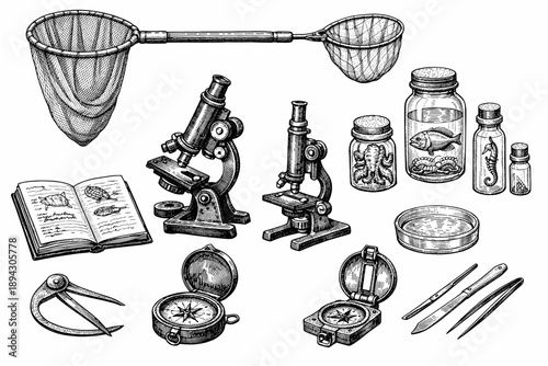 Vintage scientific tools and specimens: microscope, compass, jars, and net illustration