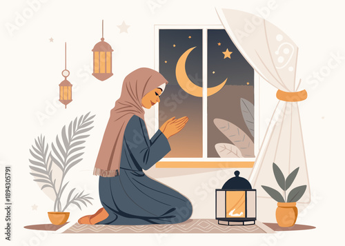 Elegant Ramadan Flat Illustration Background A Woman Praying Under the Crescent Moon