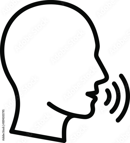A simple line drawing of a human head in profile with sound waves emanating from the mouth