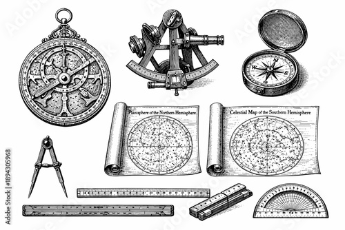 Collection of vintage navigation tools and celestial maps in black and white