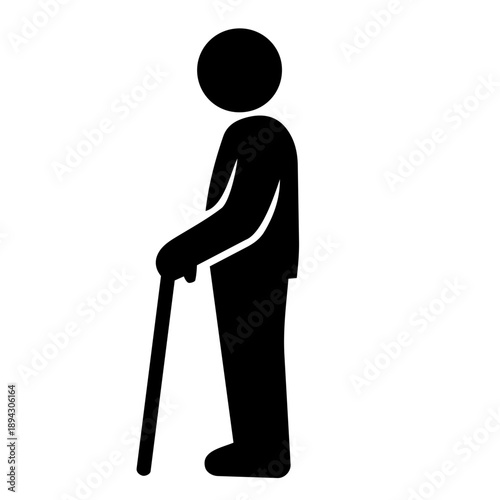 Person with cane side view pictogram, walking assistance icon　杖をつく人（横向き）のピクトグラム、歩行補助、シニアアイコン