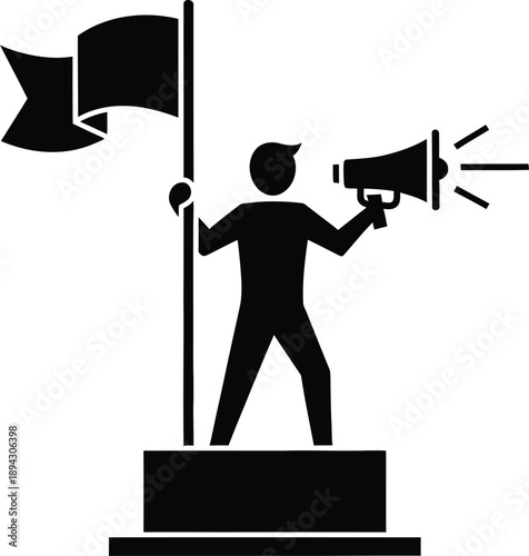 A person standing on a podium holding a flag and megaphone symbolizing leadership and public speaking