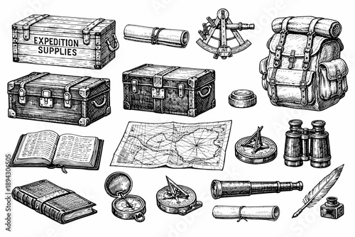 Vintage expedition gear collection with maps, compass, binoculars, and backpack