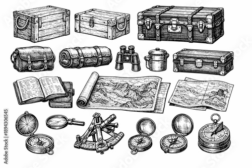 Vintage expedition tools and equipment including maps, compass, and binoculars