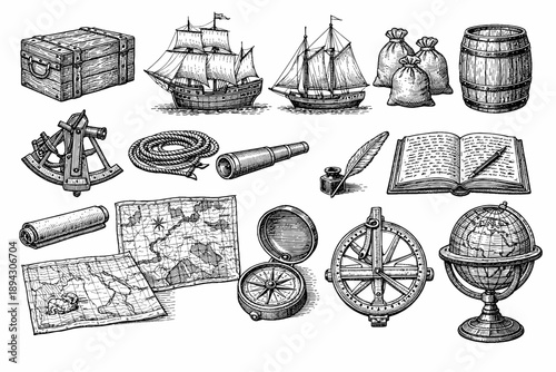 Vintage nautical tools and maps with ships and globe