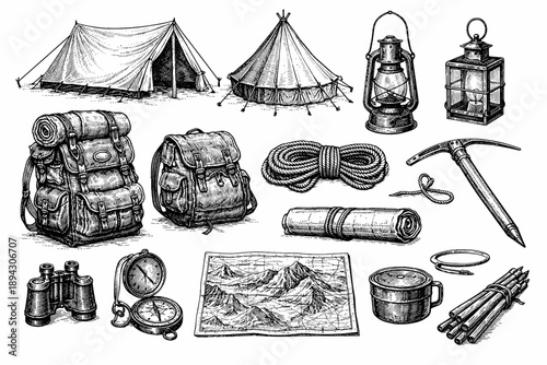 Vintage camping equipment: tents, backpacks, lanterns, and outdoor gear