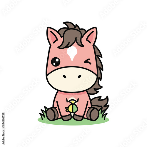 Cute cartoon unicorn foal sitting on grass smiling fantasy character illustration