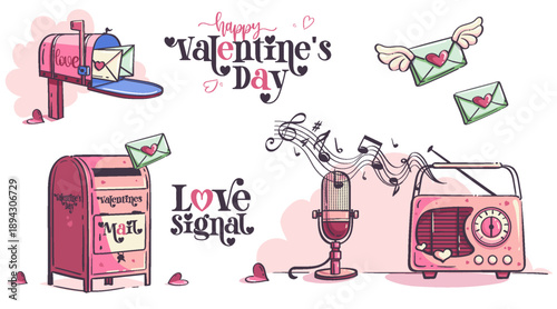 Valentine Love Mail Cartoon Illustration Set