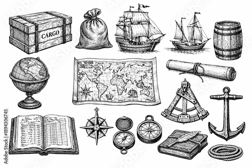 Vintage nautical elements with maps, ships, and navigational tools