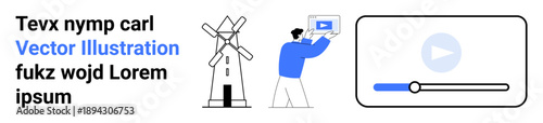 Man displays video content near a windmill structure and a video player interface. Ideal for technology, renewable energy, streaming services, digital content, education, environmental awareness