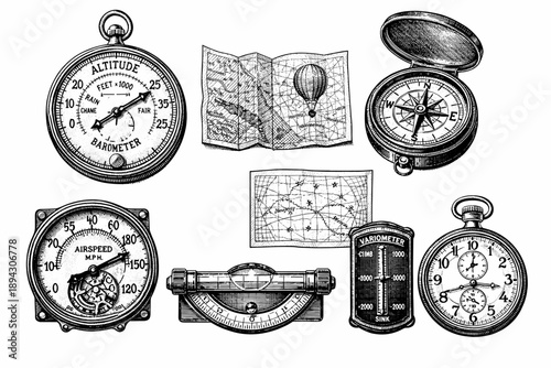 Vintage navigation tools and instruments featuring maps, compass, and gauges