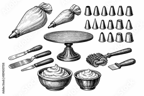 Vintage baking tools set: pastry bags, icing tips, spatulas, decorating tools, cake stand
