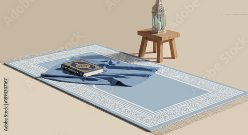 Muslim prayer mat with lantern and Quran