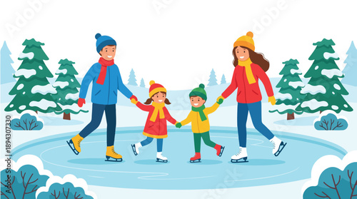 Illustration of a family ice skating together on an outdoor rink surrounded by pine trees in a colorful and lively winter scene.