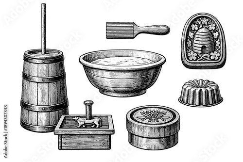 Vintage dairy tools and containers with butter churn, mold, and bowl