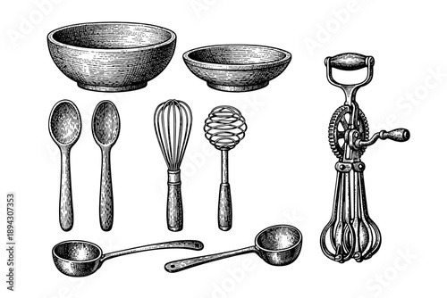Vintage kitchen utensils illustration featuring bowls, spoons, whisks, measuring cups, egg beater