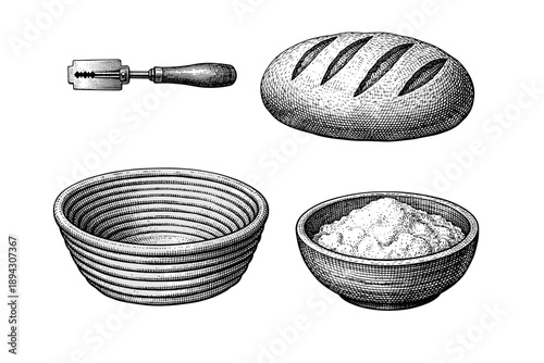Rustic bread making tools and ingredients: scoring knife, sourdough loaf, proofing basket, flour bowl