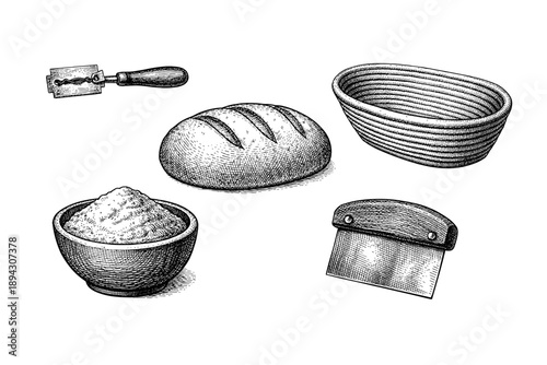 Vintage bakery tools: bread with razor, bowl, and basket sketch