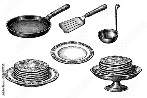 Vintage cooking utensils and pancakes illustration with plates
