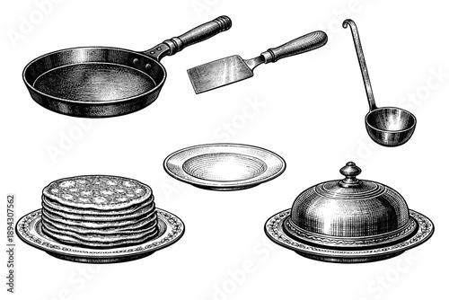 Vintage cookware and dishware collection with pancakes and serving utensils