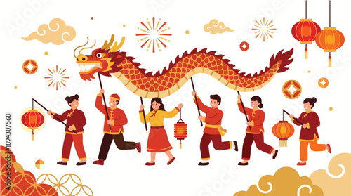 Illustration of people in traditional attire performing a dragon dance with a large dragon and festive decorations in a vibrant, celebratory scene.