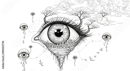 Surreal black and white illustration of an eye with a cityscape in its iris, surrounded by crying eyes, trees, and flying birds