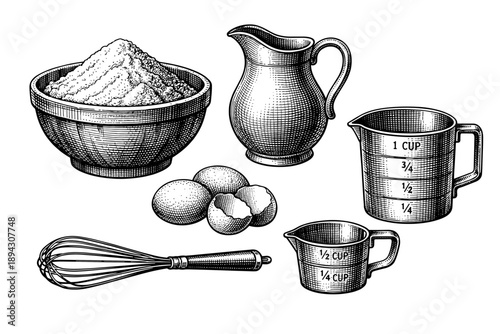 Vintage kitchen utensils and ingredients illustration with eggs and flour