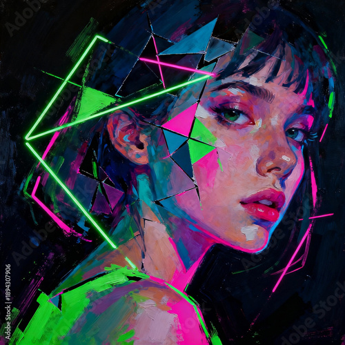 Abstract Cyberpunk Portrait of a Young Woman with Geometric Neon Accents and Fragmented Digital Art Style