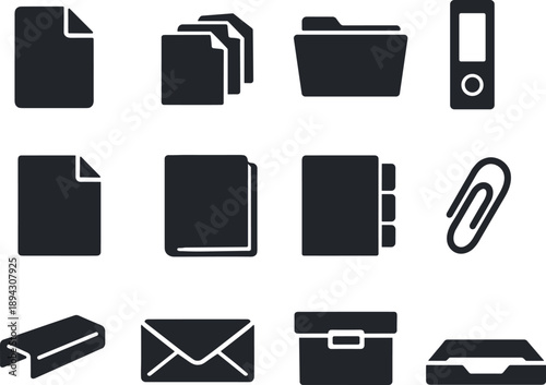 Document Icons Set. Solid vector icons of document set: document, file stack, folder, binder, paper sheet, cover page, index tab,