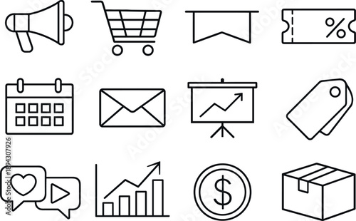 Line style of Marketing campaign vector icons: Megaphone, Shopping cart, Banner, Coupon; Calendar, Email, Chart,