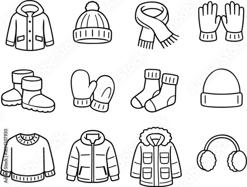 Winter Outfit Icons. Line style vector icons of winter outfit essentials: coat, hat, scarf, gloves; boots, mittens, socks, beanie;