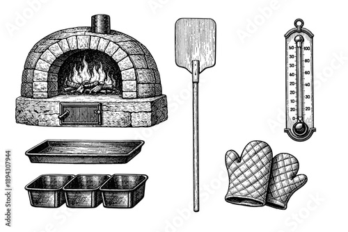 Vintage wood-fired oven with baking tools illustration: mitts, paddle, thermometer, baking pans